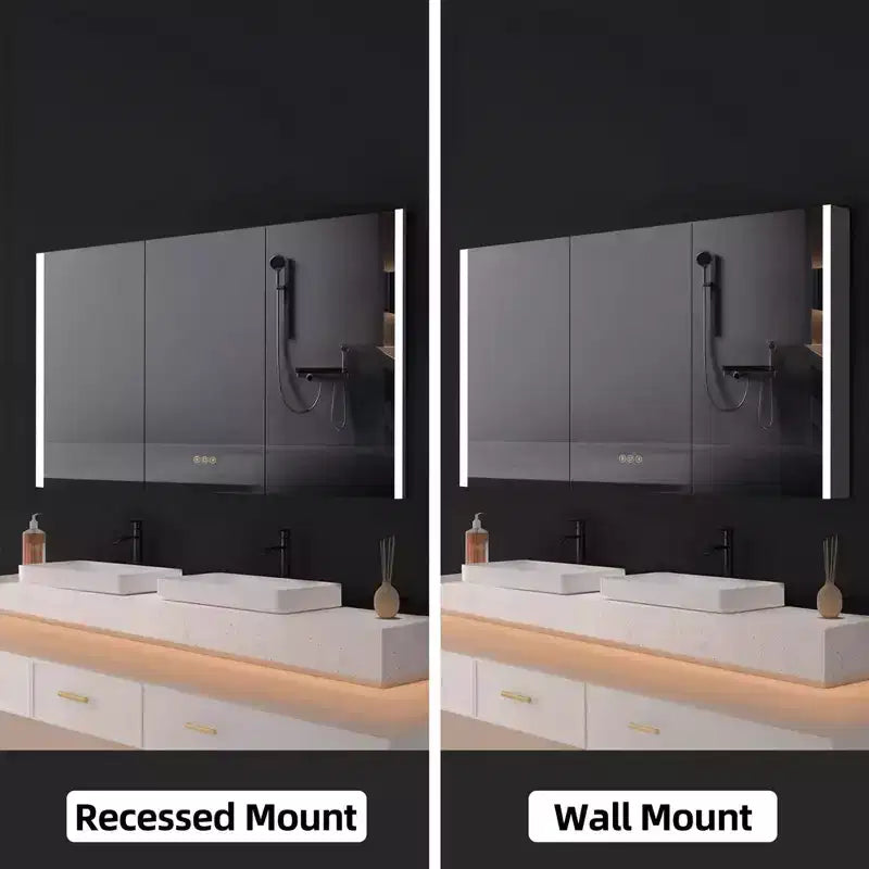 Armadietto da bagno con specchi e luci a LED, montaggio a incasso/a parete, 3 modalità di illuminazione, dimmerabile, antiappannamento, presa, argento