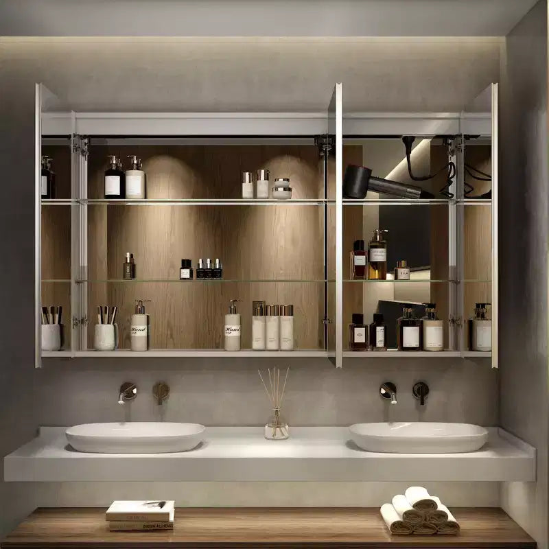 Armadietto da bagno con specchi e luci a LED, montaggio a incasso/a parete, 3 modalità di illuminazione, dimmerabile, antiappannamento, presa, argento