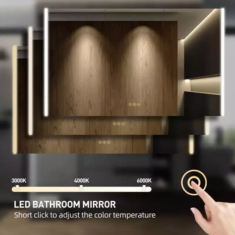 Armadietto da bagno con specchi e luci a LED, montaggio a incasso/a parete, 3 modalità di illuminazione, dimmerabile, antiappannamento, presa, argento