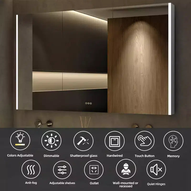 Armadietto da bagno con specchi e luci a LED, montaggio a incasso/a parete, 3 modalità di illuminazione, dimmerabile, antiappannamento, presa, argento