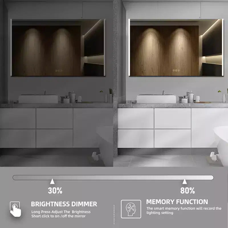Armadietto da bagno con specchi e luci a LED, montaggio a incasso/a parete, 3 modalità di illuminazione, dimmerabile, antiappannamento, presa, argento