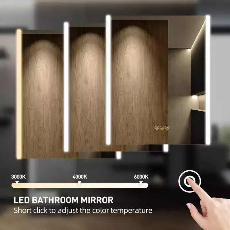 Armadietto da bagno con specchi e luci a LED, montaggio a incasso/a parete, 3 modalità di illuminazione, dimmerabile, antiappannamento, presa, argento