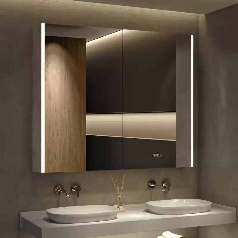 LED Medicine Cabinet with Mirrors and Lights, Recess/Wall Mount Bathroom Cabinet, 3 Mode Light, Dimmable, Anti-Fog, Outlet, Silver