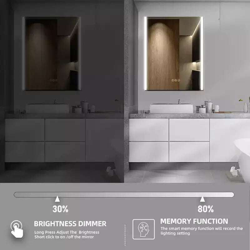 Armadietto da bagno con specchi e luci a LED, montaggio a incasso/a parete, 3 modalità di illuminazione, dimmerabile, antiappannamento, presa, argento