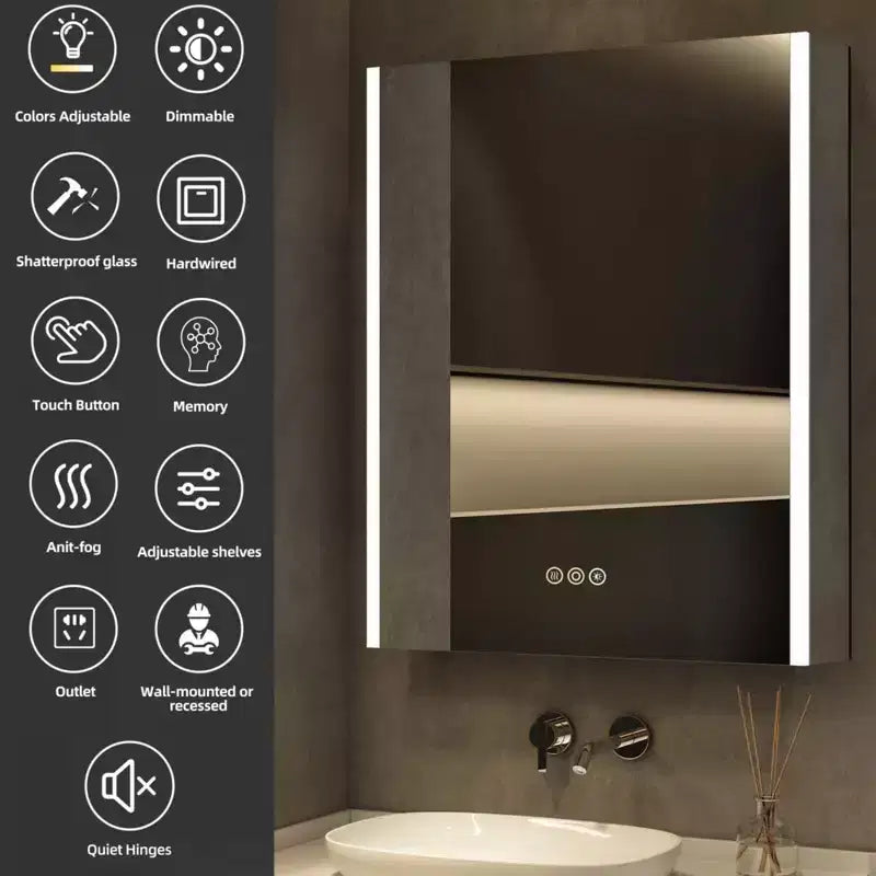 Armadietto da bagno con specchi e luci a LED, montaggio a incasso/a parete, 3 modalità di illuminazione, dimmerabile, antiappannamento, presa, argento