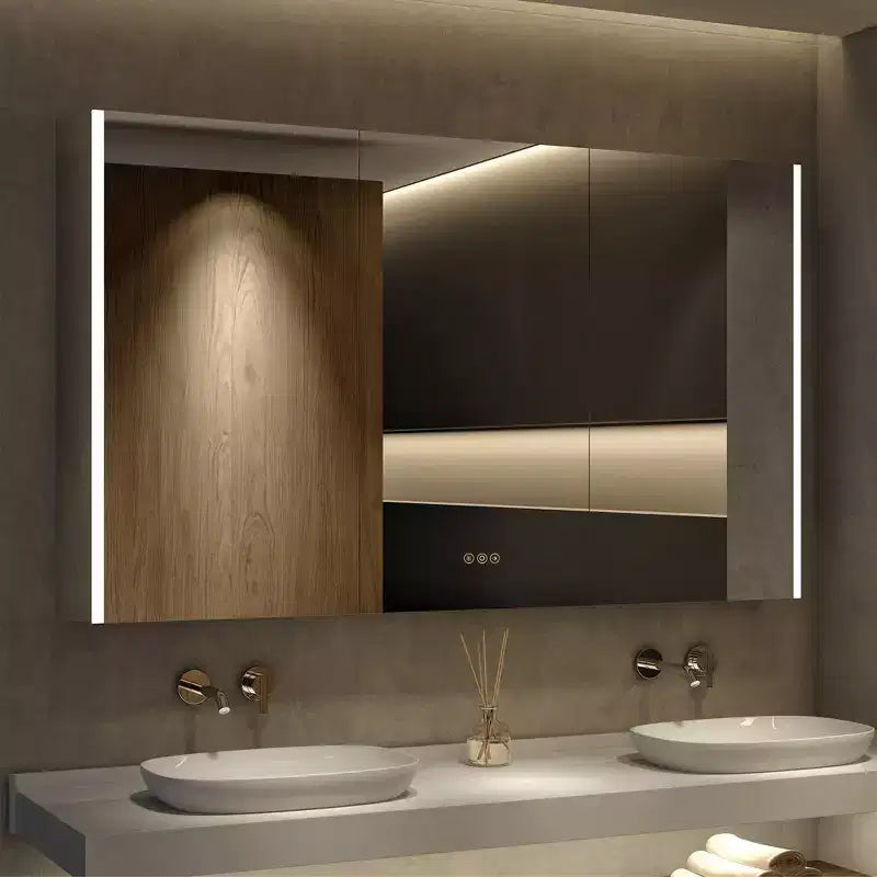 LED Medicine Cabinet with Mirrors and Lights, Recess/Wall Mount Bathroom Cabinet, 3 Mode Light, Dimmable, Anti-Fog, Outlet, Silver
