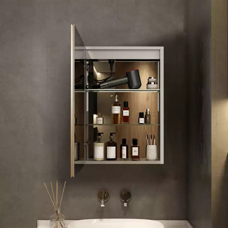 Armadietto da bagno con specchi e luci a LED, montaggio a incasso/a parete, 3 modalità di illuminazione, dimmerabile, antiappannamento, presa, argento